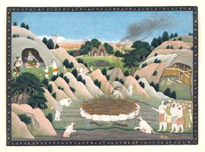 Nainsukh - The Monkey King Vali's Funeral Pyre, Illustrated folio from a dispersed Ramayana series - 2004.367 - Metropolitan Museum of Art
