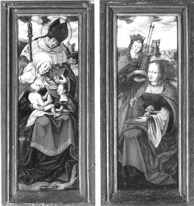 Naar Anton von Woensam - Anna selbdritt (links), Maria Magdalena en Ursula (rechts) - SG 989, SG 990 - Städel Museum. Free illustration for personal and commercial use.