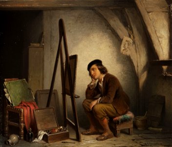 Napoleon François Ghesquiere Der vor seiner Staffelei sinnende Maler. Free illustration for personal and commercial use.