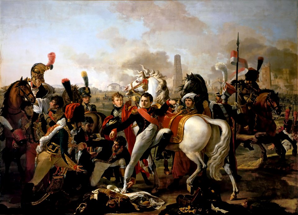 Napoleon dismounting with an injured foot at Regensburg, aided by the Surgeon, Yvan, April 23, 1809 (by Claude Gautherot)