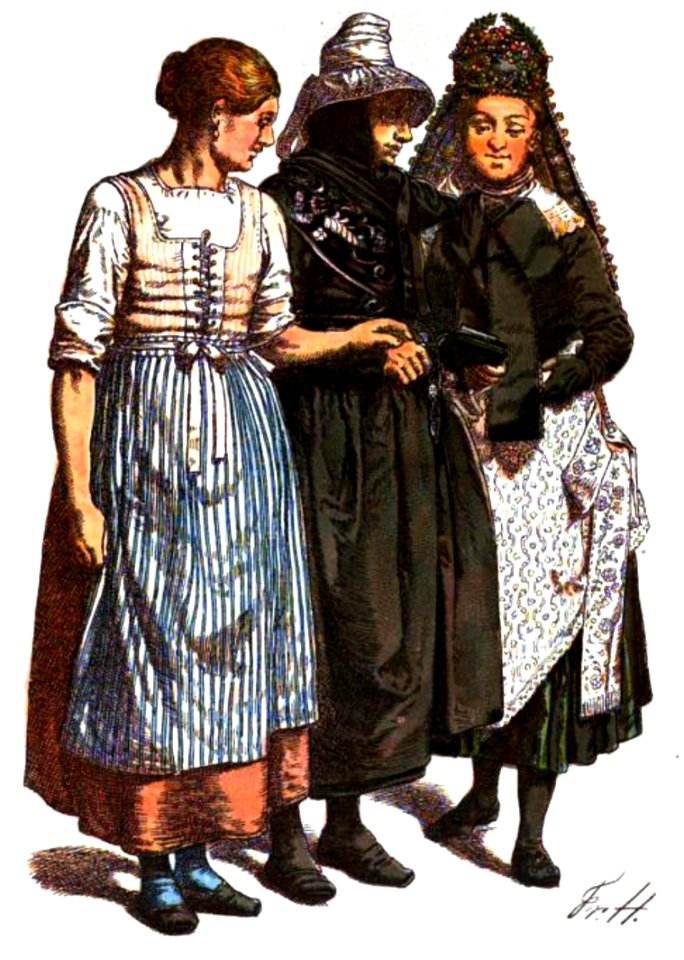 NassTrachtenbuch-T08-Bäuerinnen aus dem nordöstlichem Taunus (Hasselborn) Haus- Komminionsanzug und Braut