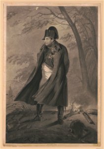 Napoleon I, full-length portrait, standing, facing left, wearing long coat, with his hands behind his back, in a wind-swept wooded area with a small campfire behind him, on the right) - LCCN2013645307