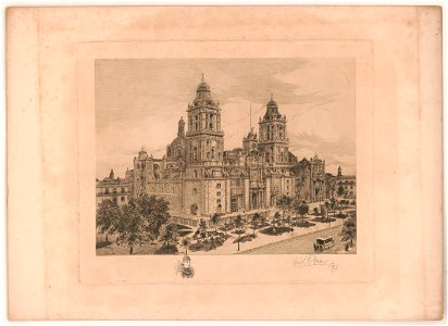 Metropolitan Cathedral (Catedral Metropolitana de la Asunción de la Santísima Virgen María a los cielos) in Mexico City, Mexico, bird's-eye view with horse-drawn trolley in the LCCN2003680906