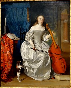 Woman Playing the Viola da Gamba, by Gabriel Metsu, 1663, oil on wood panel - California Palace of the Legion of Honor - San Francisco, CA - DSC02879