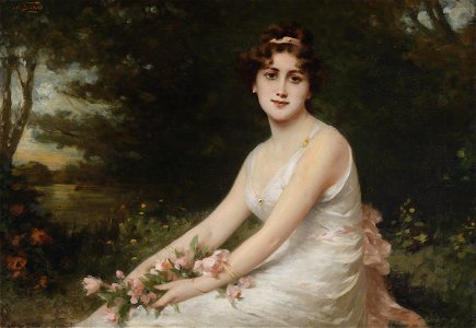 Nathanael Sichel Junge Dame mit Rosen am Seeufer