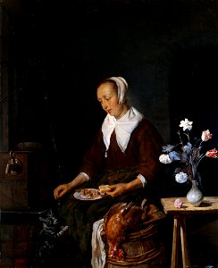 Gabriel Metsu - Femme nourrissant un chat. Free illustration for personal and commercial use.