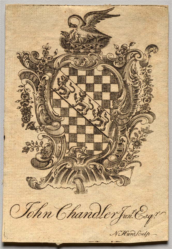 Nathaniel Hurd (American, 1730-1778) - Bookplate, Coat of Arms with John Chandler Jun.r, Esq. inscribed - 1917.944 - Cleveland Museum of Art