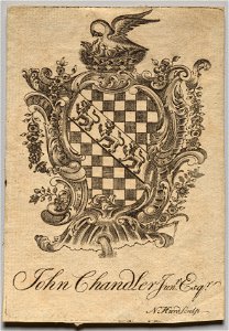 Nathaniel Hurd (American, 1730-1778) - Bookplate, Coat of Arms with John Chandler Jun.r, Esq. inscribed - 1917.944 - Cleveland Museum of Art
