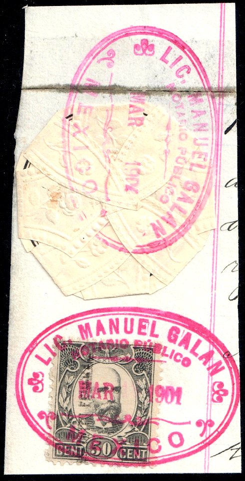 Mexico 1901 fragment with revenue and sealing stamp