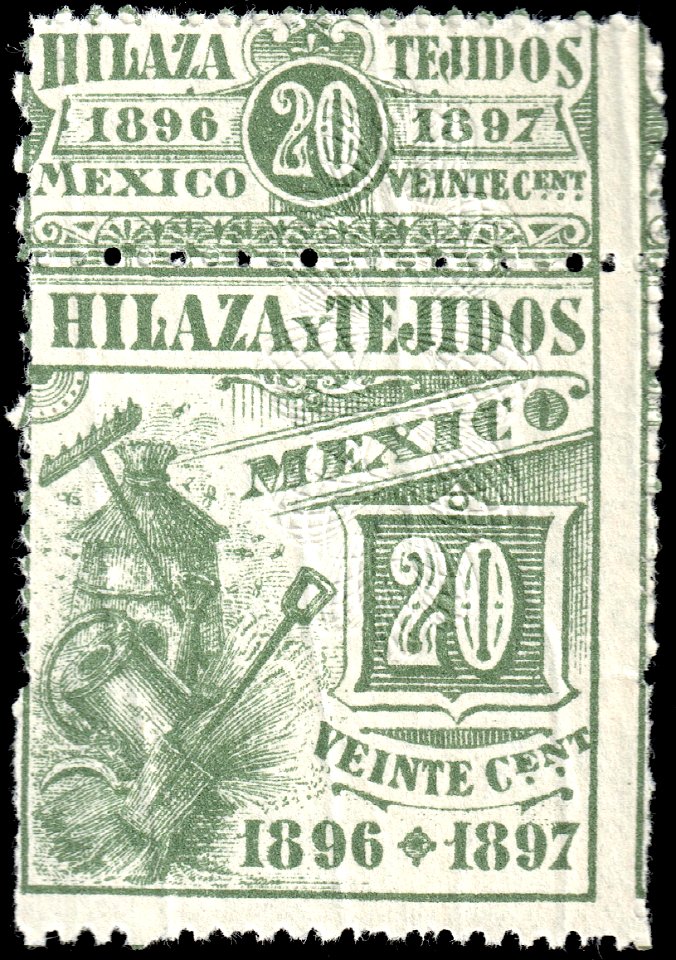 Mexico 1896-97 20c yarn and textiles revenue stamp F21