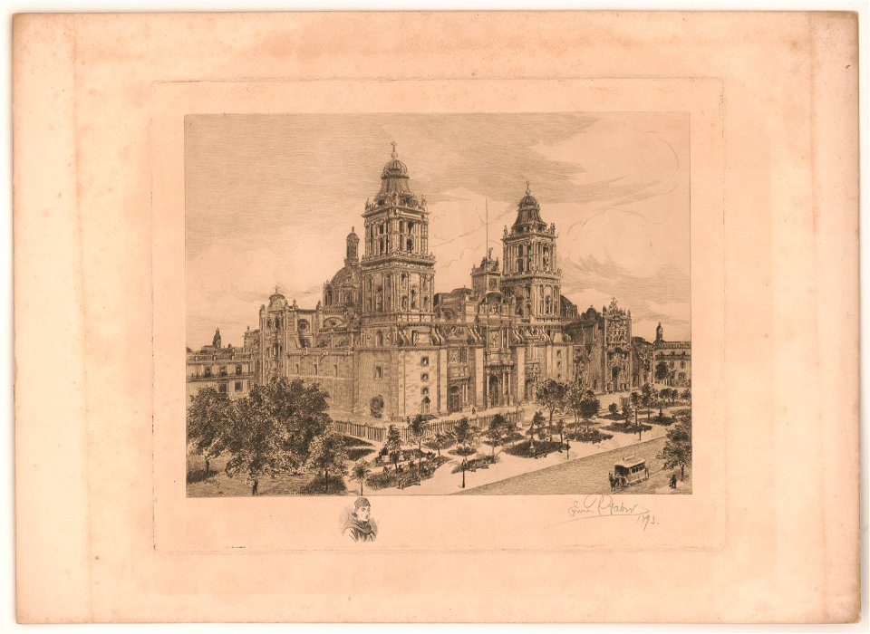 Metropolitan Cathedral (Catedral Metropolitana de la Asunción de la Santísima Virgen María a los cielos) in Mexico City, Mexico, bird's-eye view with horse-drawn trolley in the LCCN2003680906
