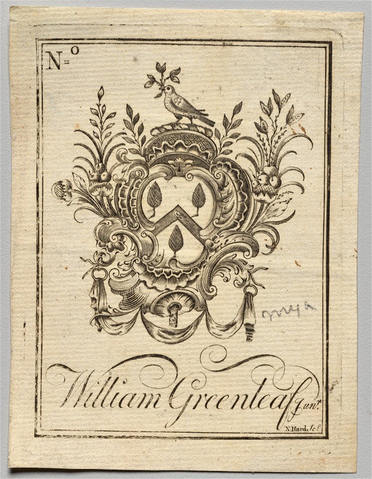 Nathaniel Hurd (American, 1730-1778) - Bookplate, Coat of Arms with William Greenleaf Jun.r inscribed - 1917.942 - Cleveland Museum of Art