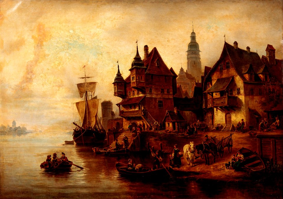 Waterfront Village Scene by William Alexander Meyerheim
