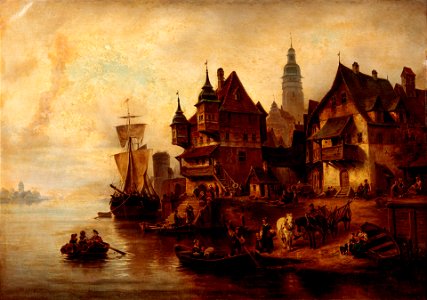 Waterfront Village Scene by William Alexander Meyerheim