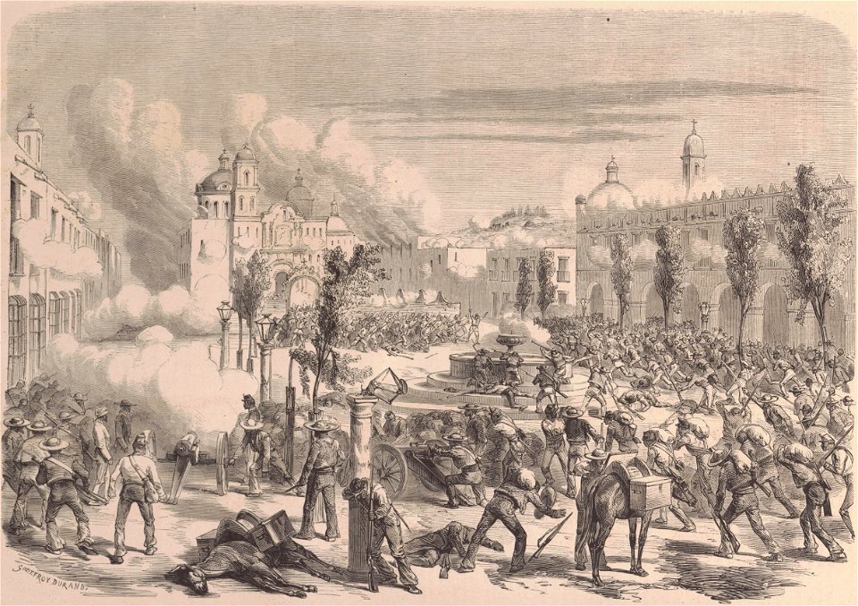 Mexique. — Défense héroïque du bataillon belgue commandé par le major Tydgadt dans Tacamburo, le 11 avril 1865. (D'après le croquis de M. A. Martin)