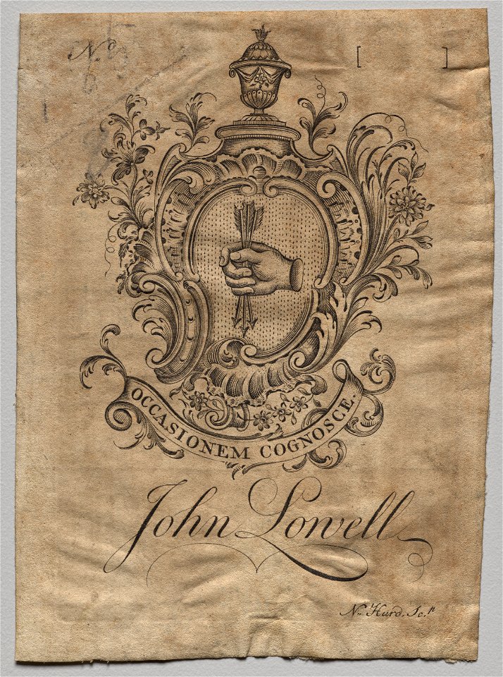 Nathaniel Hurd (American, 1730-1778) - Bookplate, Coat of Arms with John Lowell inscribed - 1917.937 - Cleveland Museum of Art
