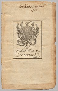 Nathaniel Hurd (American, 1730-1778) - Bookplate, Coat of Arms with Robert Hale, Esq. inscribed - 1917.936 - Cleveland Museum of Art
