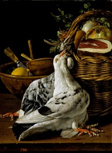 Natura morta amb colomins, cistell de menjar i bols.Meléndez