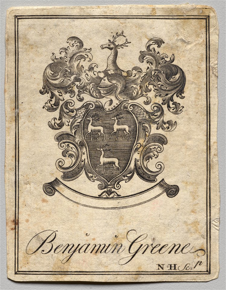 Nathaniel Hurd (American, 1730-1778) - Bookplate, Coat of Arms with Benjamin Greene inscribed - 1917.938 - Cleveland Museum of Art