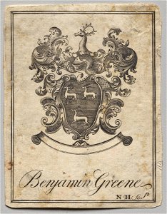 Nathaniel Hurd (American, 1730-1778) - Bookplate, Coat of Arms with Benjamin Greene inscribed - 1917.938 - Cleveland Museum of Art