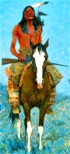 Native American on horse detail, Frederic Sackrider Remington - The Outlier (cropped). Free illustration for personal and commercial use.