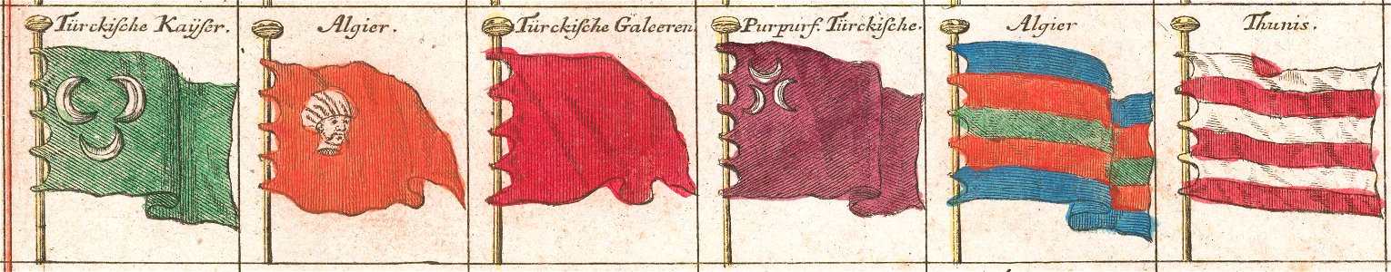 Naval flags of the Ottoman Empire - Ca. 1760 flag chart by Tobias Lotter (cropped)