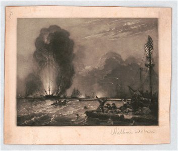 Naval battle with American battleship and sailors in the lower right corner cheering as a ship explodes on the left) - William Warner LCCN2013650044