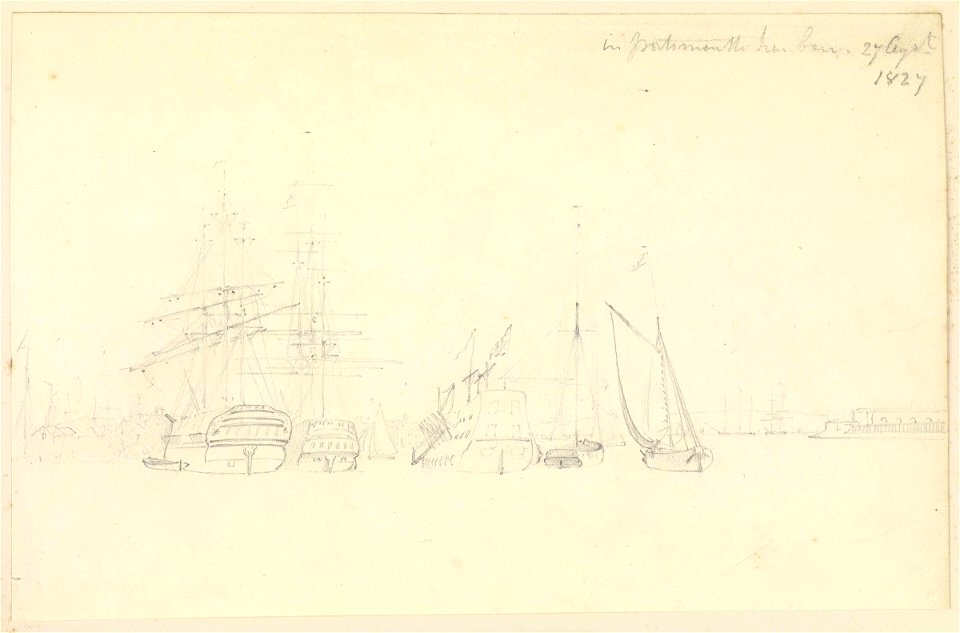 Naval shipping in Portsmouth Harbour, 1827 RMG PZ0948