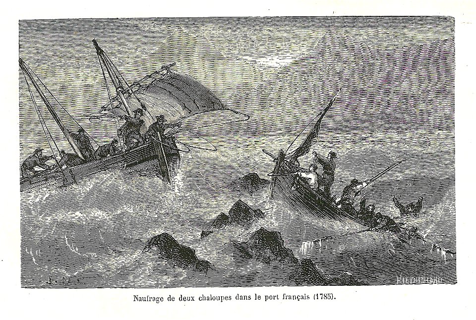 Naufrage de deux chaloupes dans le port français en 1785-gravure