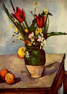 Nature morte, tulipes et pommes, par Paul Cézanne. Free illustration for personal and commercial use.