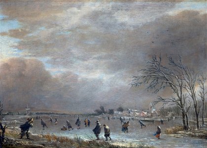 Aert van der Neer - Winter Landscape with Skaters on a Frozen River - Google Art Project