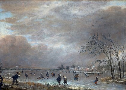 Aert van der Neer - Winter Landscape with Skaters on a Frozen River - Google Art Project. Free illustration for personal and commercial use.