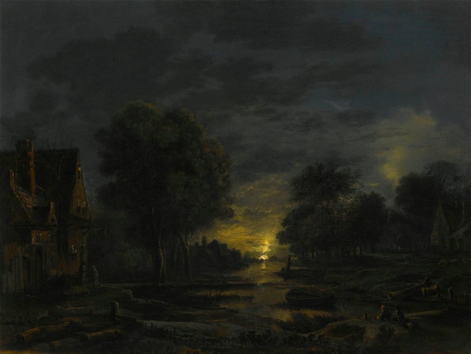 Moonlit River Landscape with Two Men Resting on the Bankby Aert van der Neer