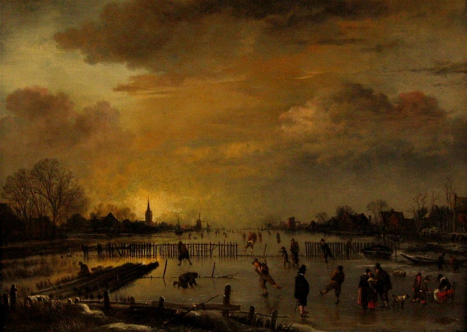 Aert Van der Neer Winterlandschaft mit schlittschuhlaeufern 1655
