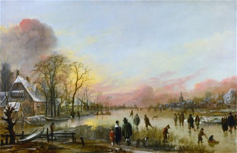 Frozen river at sunset, by Aert van der Neer. Free illustration for personal and commercial use.