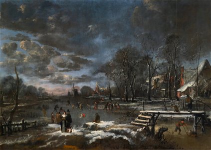 'Skaters and Kolf Players on a Frozen River bordering a Village' by Aert van der Neer. Free illustration for personal and commercial use.