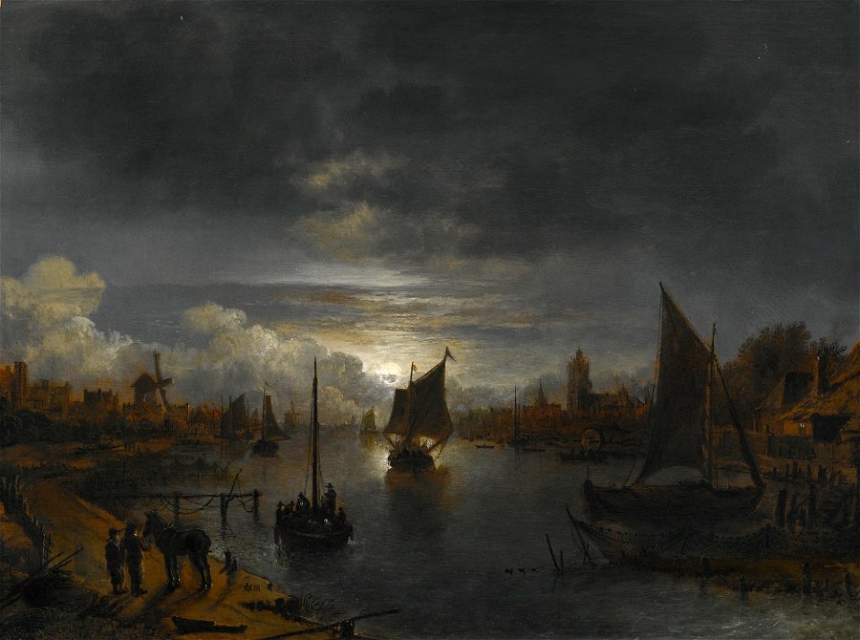 River Landscape by Moonlight with Boats & Settlements by Aert van der Neer