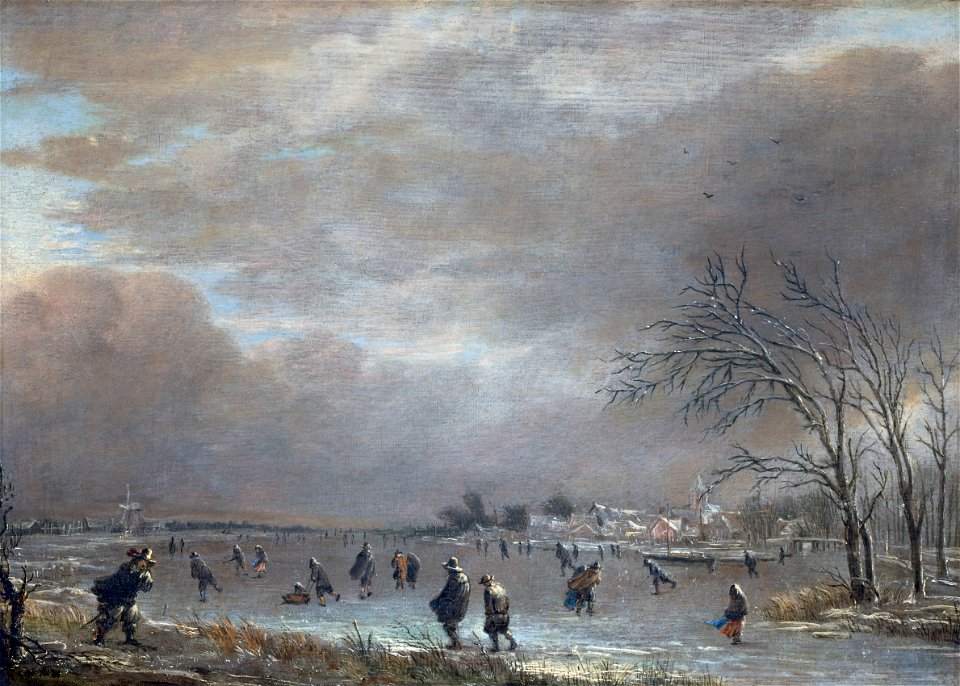 Målning. Vinterlandskap med skridskoåkare på frusen flod. Aert van der Neer - Hallwylska museet - 86745