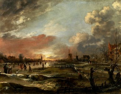 'Winter Landscape with Skaters at Sunset' by Aert van der Neer. Free illustration for personal and commercial use.