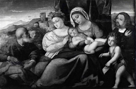 Negretti Iacopo, Sacra Famiglia con santa Maria Maddalena, san Giovannino e donatore, Asta Christie's. Free illustration for personal and commercial use.