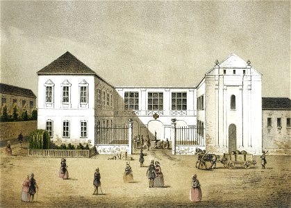 Nekdanji samostan celestink s cerkvijo Marijinega oznanjenja, pogled z zahoda ok. 1855. Free illustration for personal and commercial use.