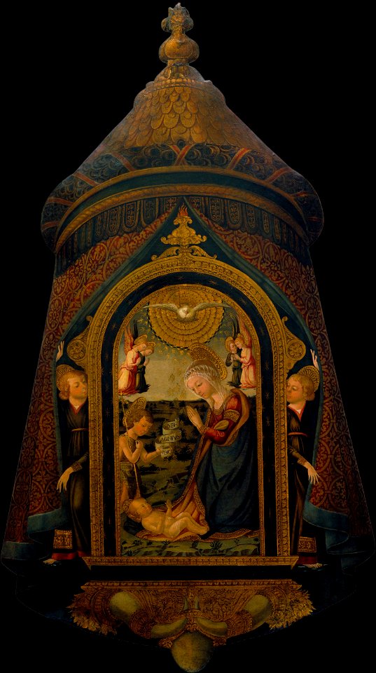 Neri di Bicci - Processional Standard with the Adoration of the Child by the Virgin, Saint John Baptist and Angels - Google Art Project