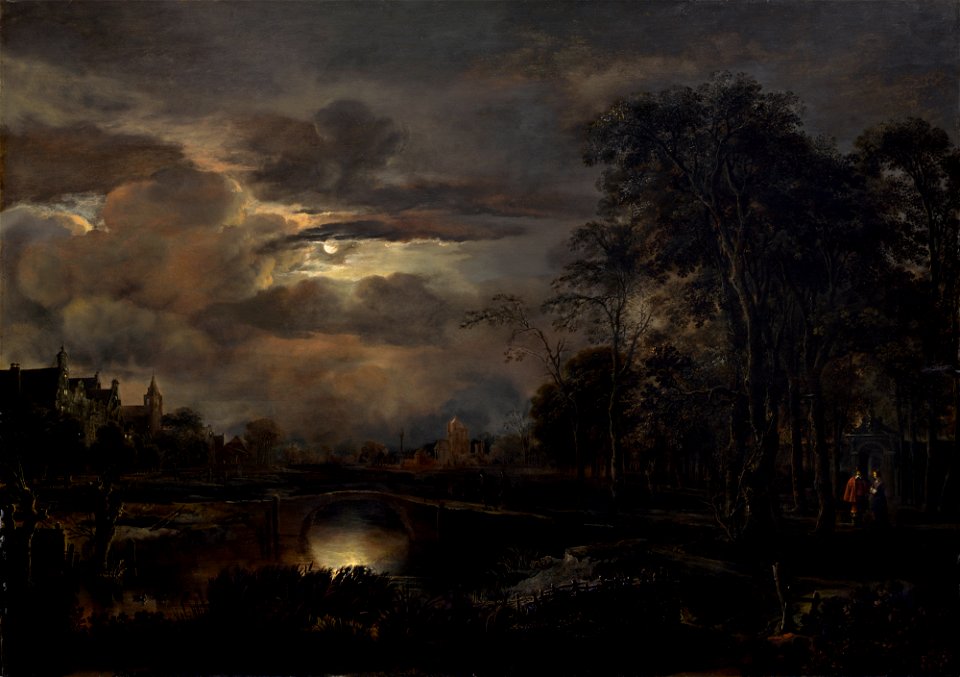 Aert van der Neer - Moonlit Landscape with Bridge