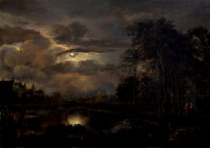 Aert van der Neer - Moonlit Landscape with Bridge
