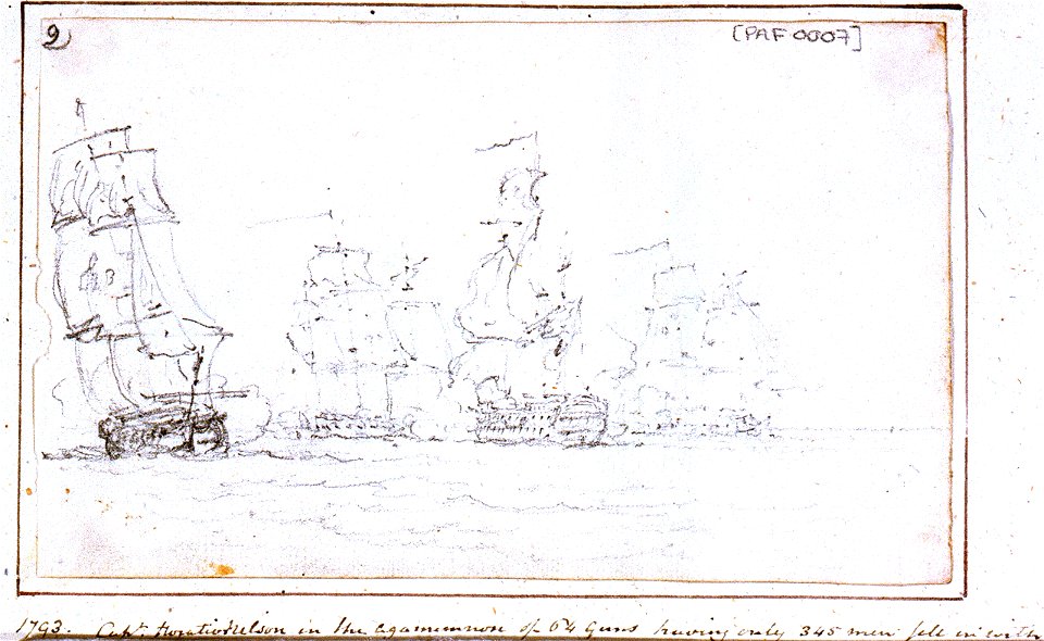 Nelson's 'Agamemnon' engaging four French frigates and a brig near Sardinia, 27 October 1793. RMG PW0007