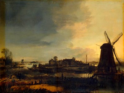 Aert van der Neer - Landscape with Windmill - WGA16488. Free illustration for personal and commercial use.