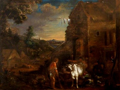 Netherlandish School - A Wooded Landscape with a Milkmaid Milking a Cow and Labourers Outside a Farm Building - 1257188 - National Trust