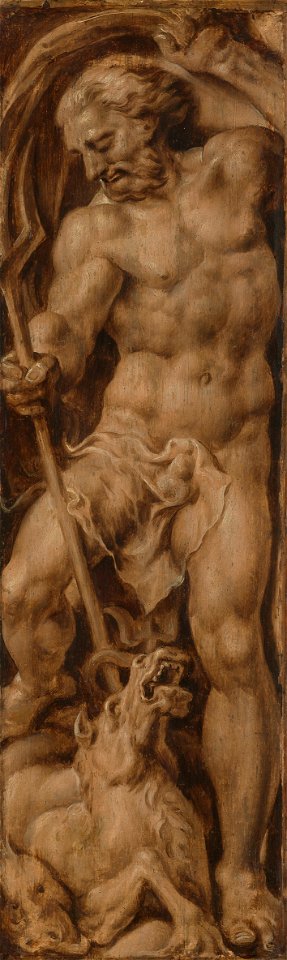 Neptunus doorsteekt met zijn drietand een zeepaard Rijksmuseum SK-A-3514
