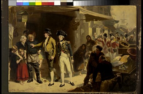 Nelson in a crowded back street Soldiers holding people at bay Fishermen cheering and waving at Nelson RMG PZ8134