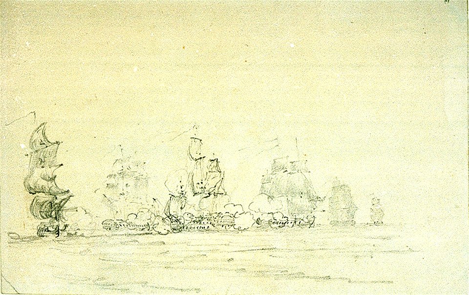 Nelson's ' Agamemnon' engaging four French frigates and a brig near Sardinia, 27 October 1793 RMG PU8705